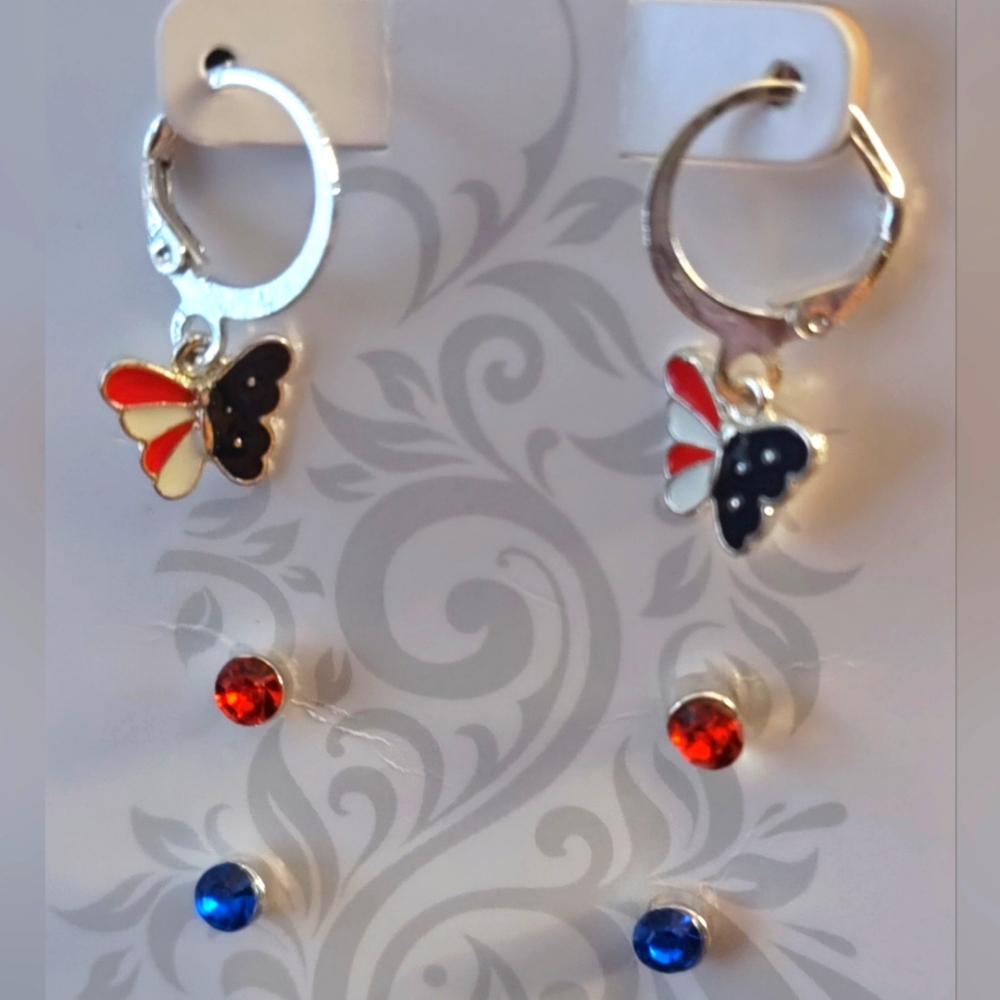 Patriotic Butterfly Hoop Earrings with Gem Accents